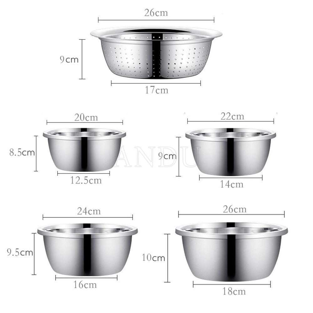 Bộ Thau Rổ Inox Nhà Bếp 5 Món Bằng Inox Đủ Size Từ 18 - 26Cm Tiện Dụng, Dày Dặn