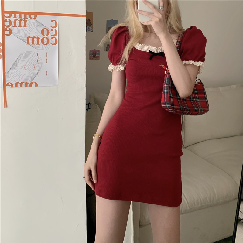 Đầm / Váy / Áo Sơ Mi Đan Cổ Vuông Tay Ngắn Phối Ren Hàn Quốc | BigBuy360 - bigbuy360.vn