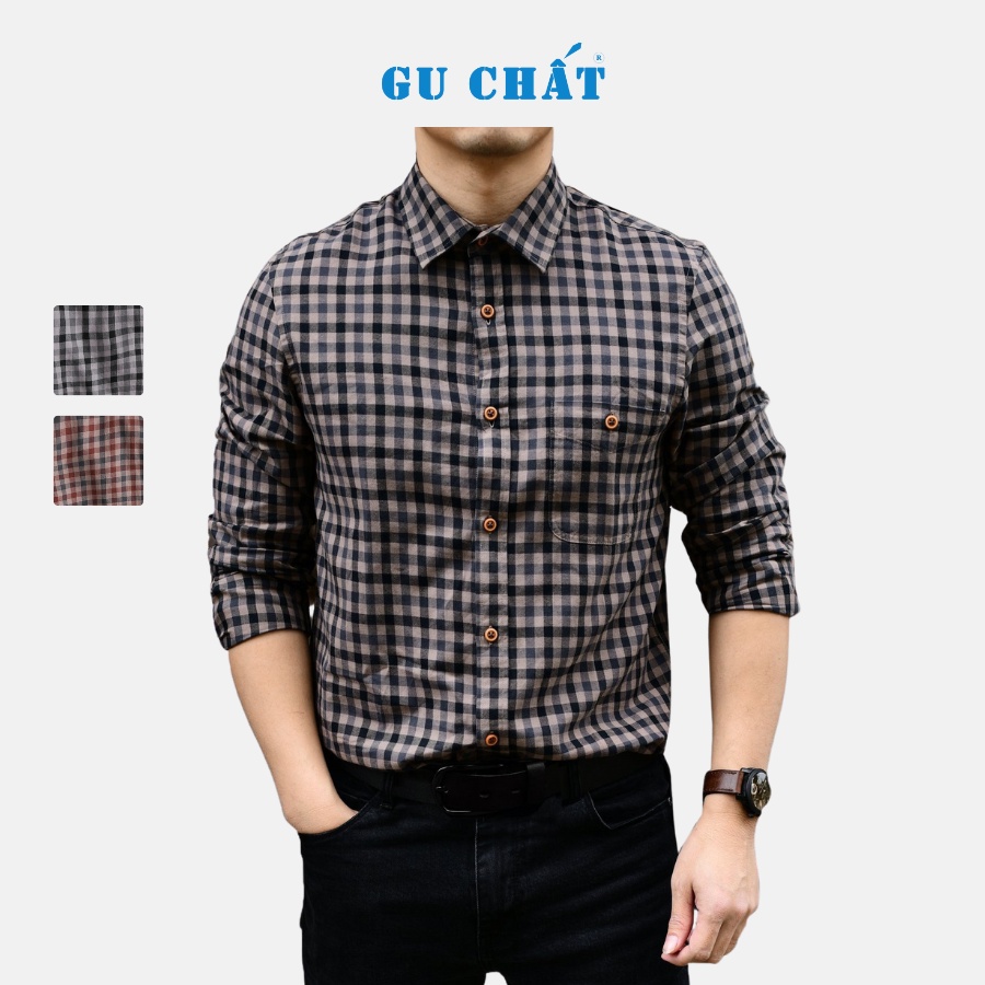 Áo Sơ Mi Dài Tay Caro Nâu Đen GU CHẤT, Vải Cotton Mềm Mịn, Form Chuẩn. Trẻ Trung GUSM15