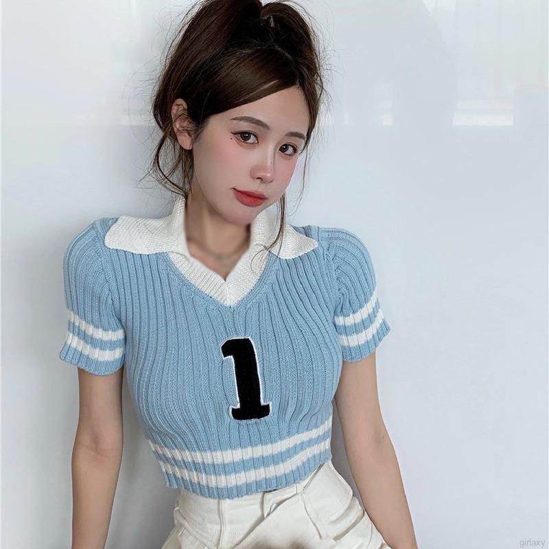 Áo croptop dệt kim ngắn tay cổ chữ v thời trang mùa hè dành cho nữ