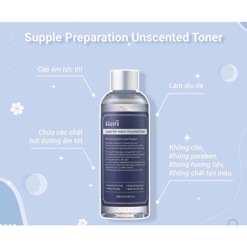 Nước Hoa Hồng Cấp Ẩm Không Mùi Dành Cho Da Nhạy Cảm Klairs Supple Preparation Unscented Toner 180ml
