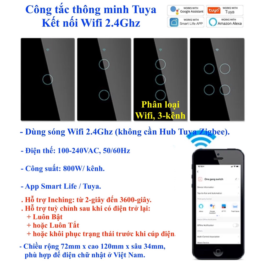 Công tắc thông minh Tuya, kết nối Wifi, loại 1/2/3/4 nút/ kênh/ gang, App Smart Life/ Tuya/ Home Assistant (Hass) -