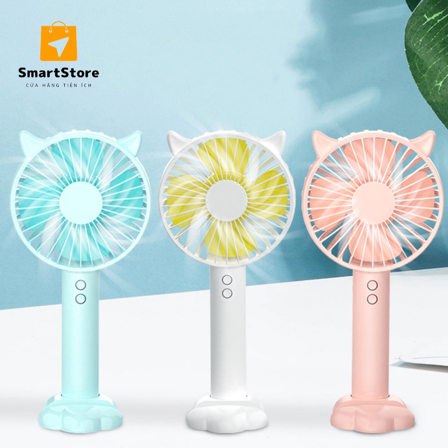 Quạt tai mèo cầm tay mini dễ thương 3 tốc độ gió cao cấp có đèn kiêm giá đỡ điện thoại