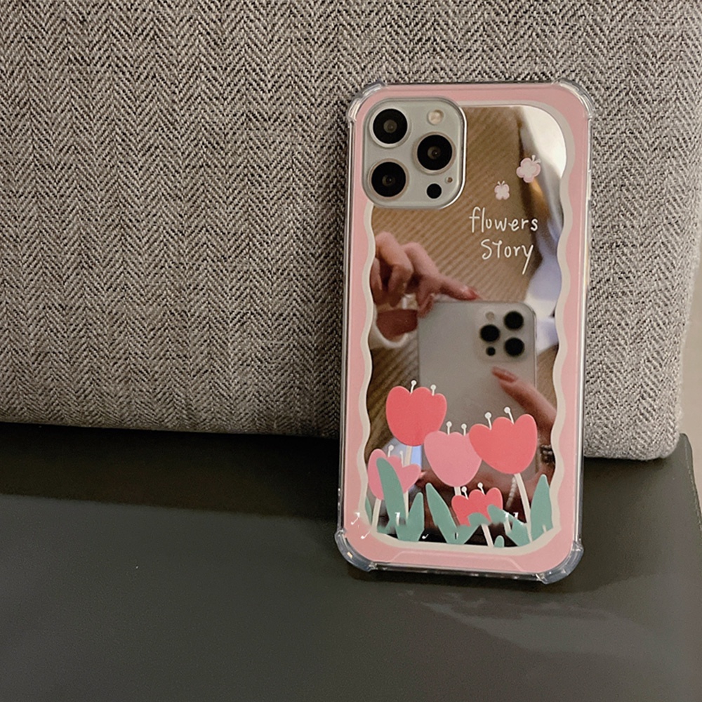 Ốp Điện Thoại TPU Dẻo Gắn Gương Trang Điểm Hình Hoa Tulip Cho iPhone 14 13 12 11 Pro Max XR X XS 7 Plus 8 Plus