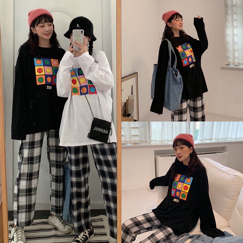 Set Áo Thun Tay Dài Dáng Rộng + Quần ống rộng Họa Tiết Sọc Caro Thời Trang Cho Nữ