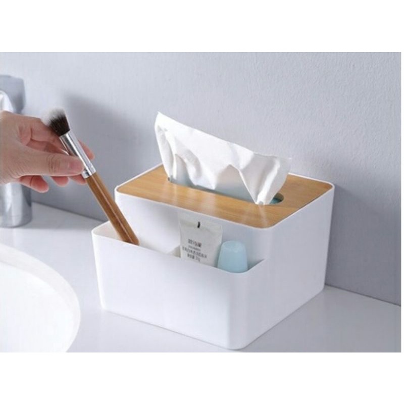 Hộp Đựng Giấy Ăn Để Bàn Có Chỗ Để Đồ Đa Năng, Hộp Giấy Ăn Nắp Gỗ - Decor Nhà Xinh