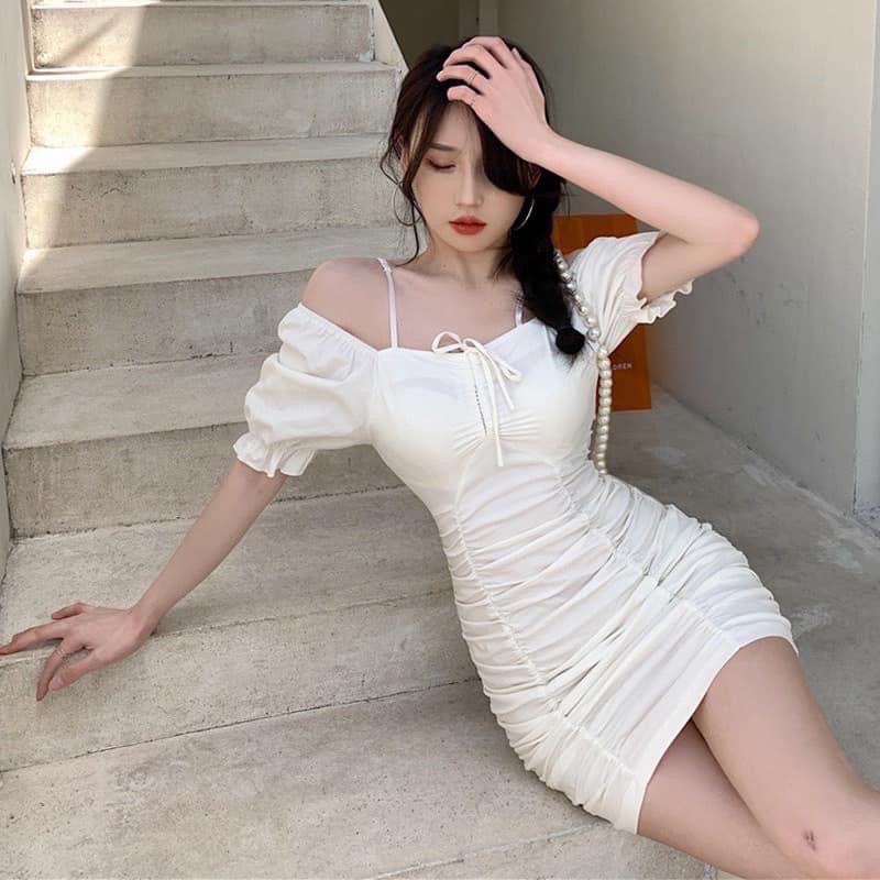 BIGSIZE Đầm body tay phồng bẹc vai bigsize 50-90kg có mẫu chụp thật 100%
