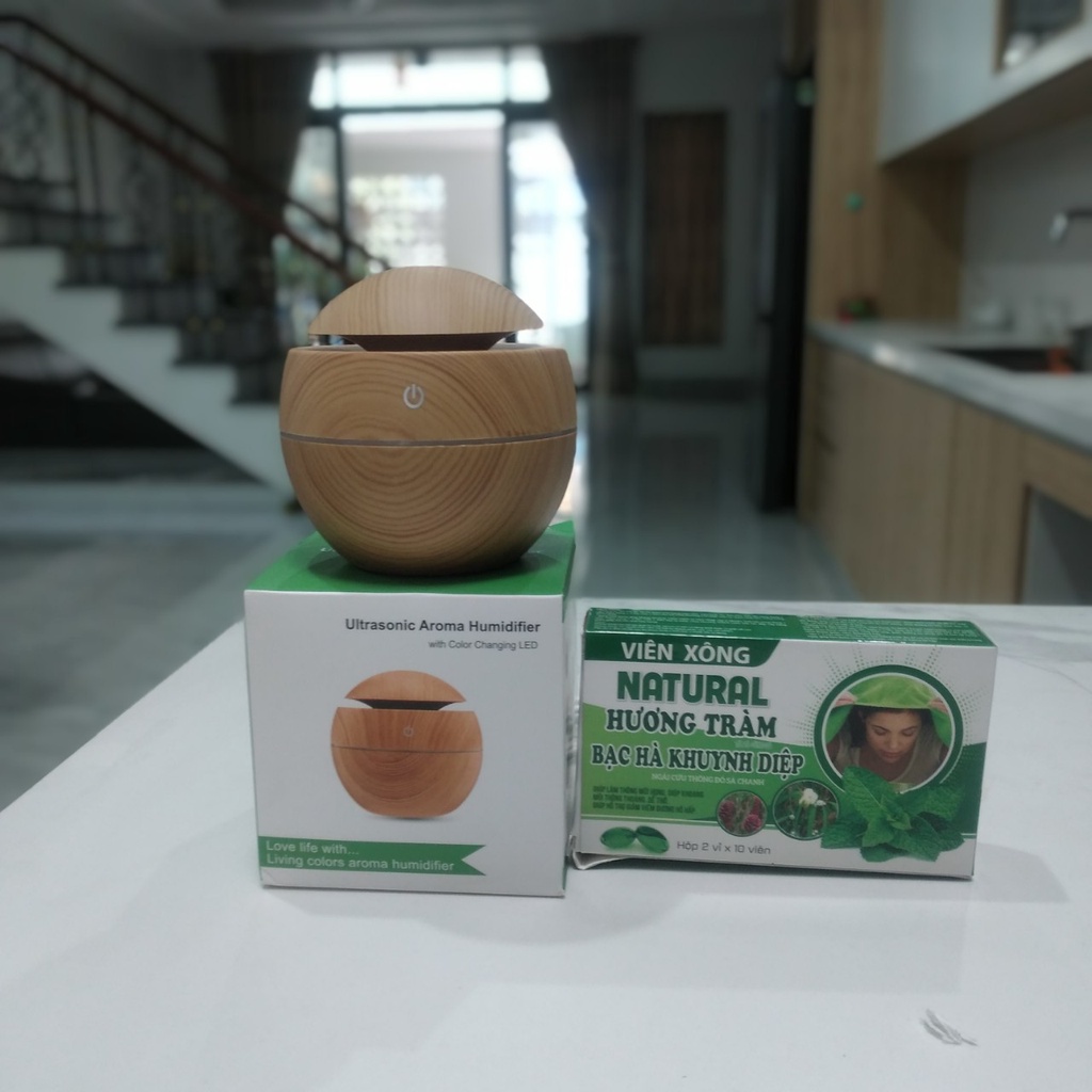 Máy xông tinh dầu gỗ tặng kèm 2 vỉ viên xông tinh dầu hương tràm
