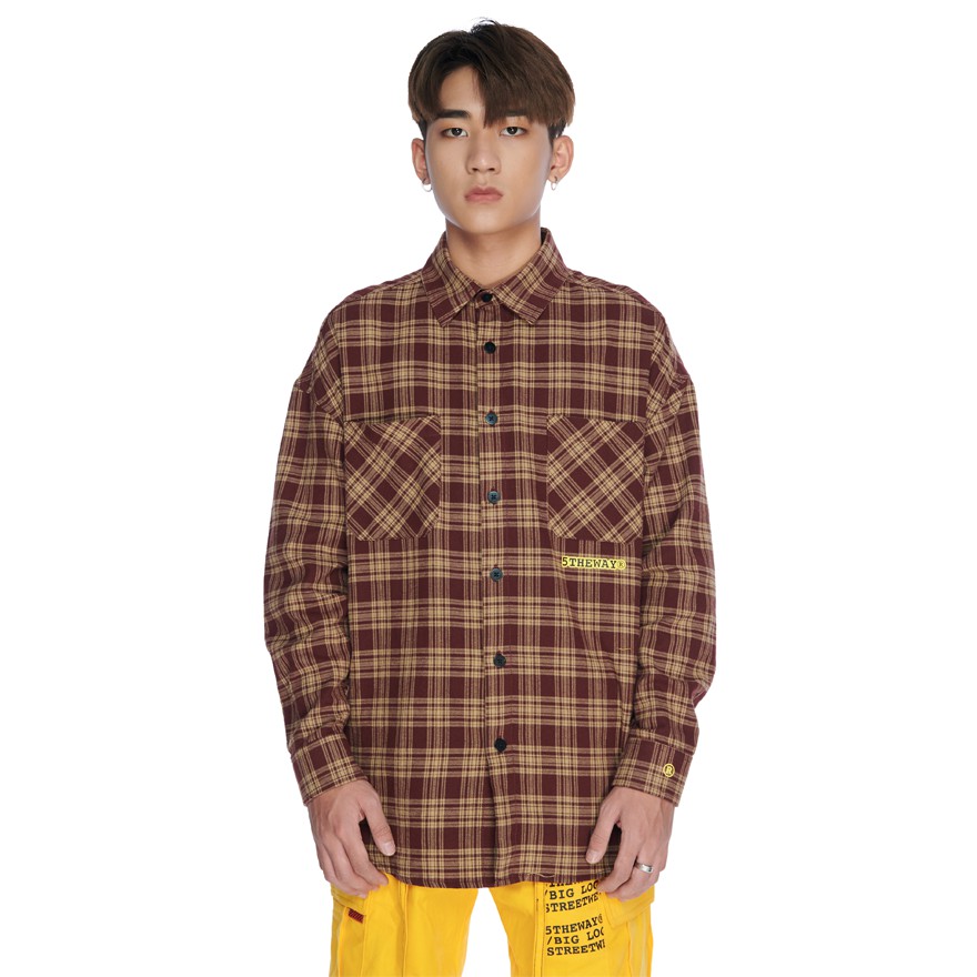 5THEWAY® /stroke/ BIG LOGO FLANNEL SHIRT™ in BROWN/YELLOW aka Áo Sơ Mi Form Flannel Nâu