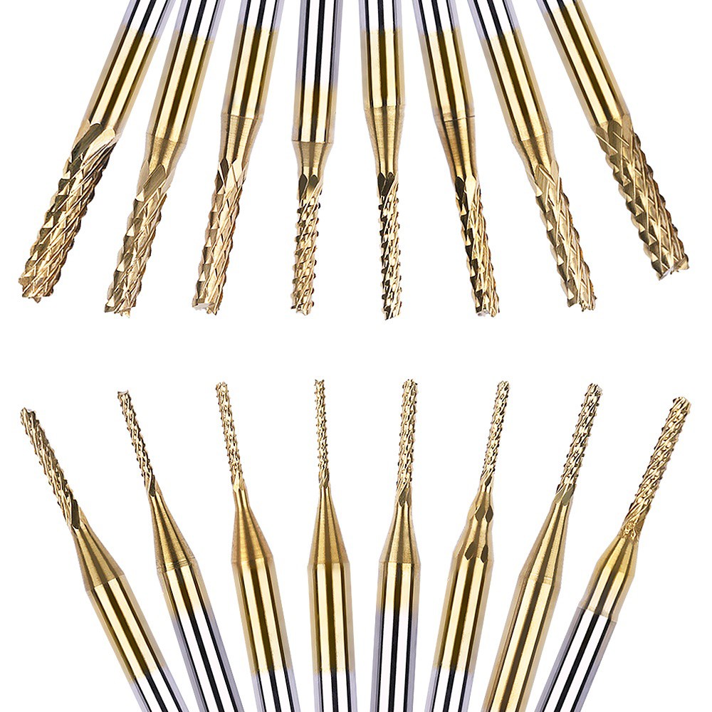 Set 10 Mũi Phay Mini 0.8-3.175 mm CNC Mạ Titan Nhiều Màu Chất Lượng Cao