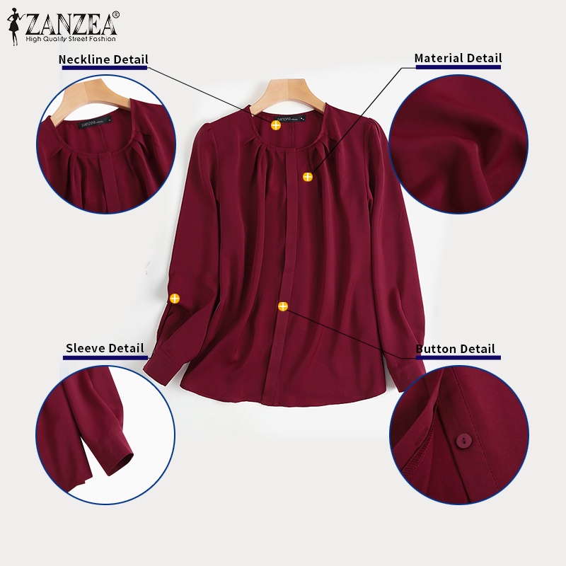 Áo sơ mi ZANZEA tay dài cổ tròn bằng satin thời trang cho nữ