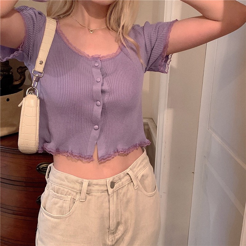 Áo thun croptop viền ren cổ vuông phối nút giả tay ngắn chất thun gân co giãn thời trang cho nữ