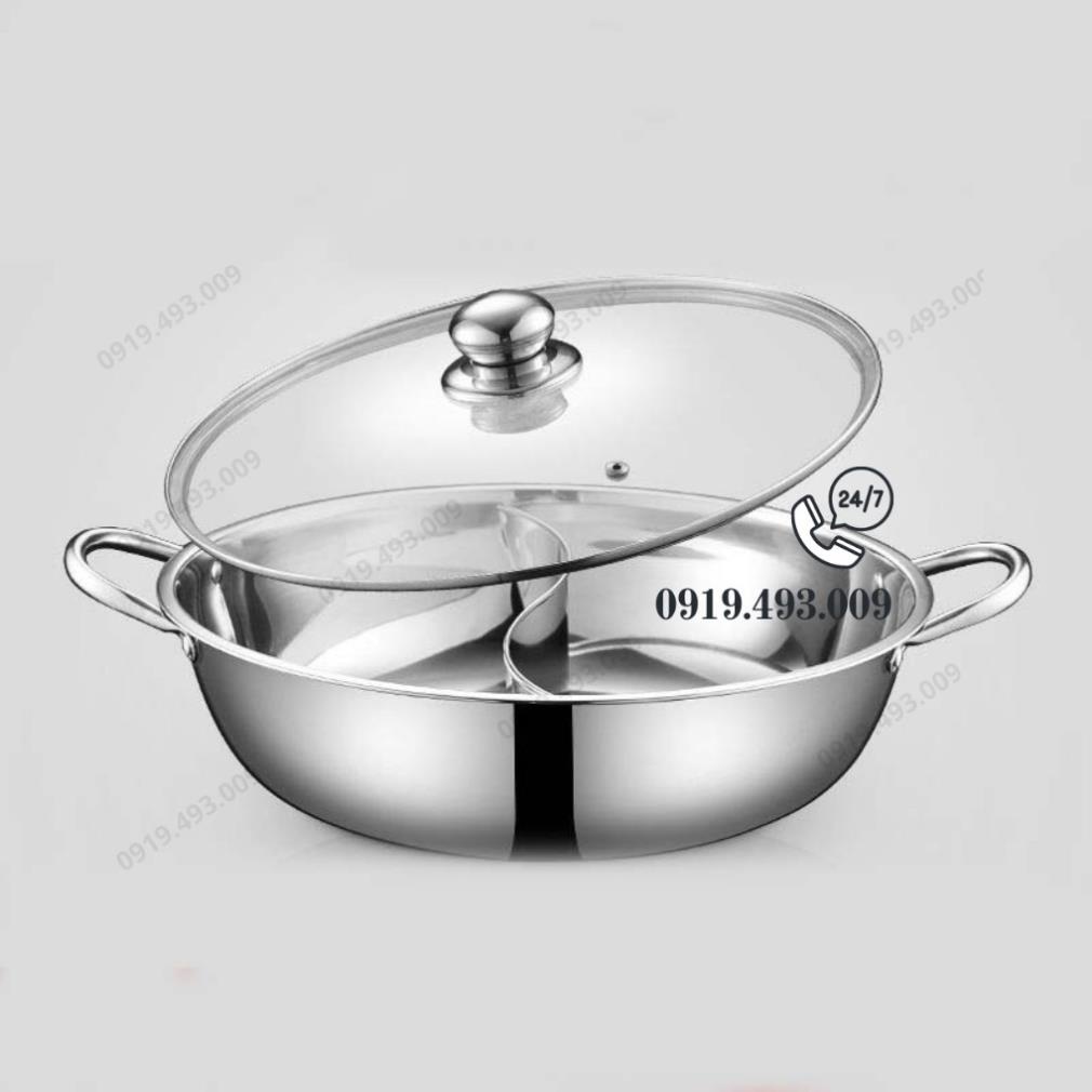 Nồi lẩu 2 ngăn nấu được bếp từ inox xịn sáng bóng kèm nắp kính