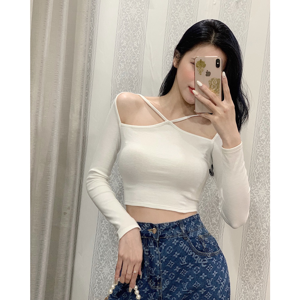 Áo croptop tay dài Mugung kiểu yếm dây chéo ngực