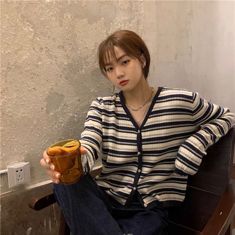 COZOK Áo khoác cardigan cổ chữ V kẻ sọc ngang phong cách Hàn Quốc