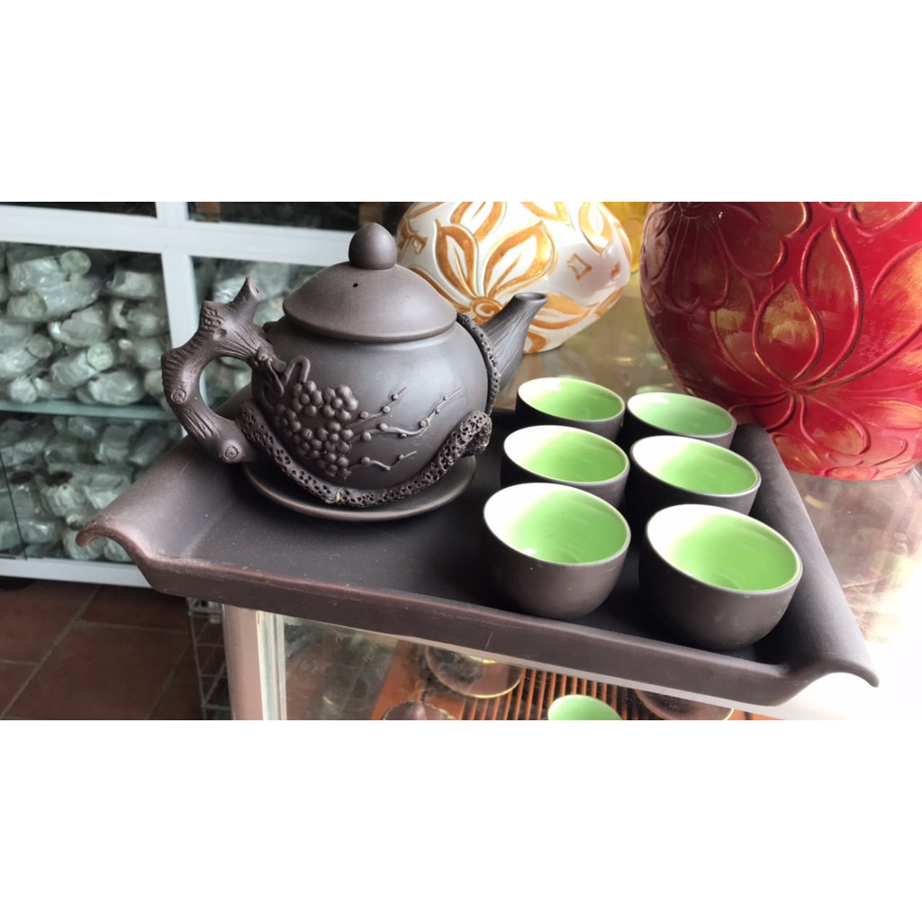 Bộ ấm chén tử sa, ấm trà gốm sứ Bát Tràng bộ Lan Hoa nâu - đen (1 ấm 6 chén 7 đĩa)