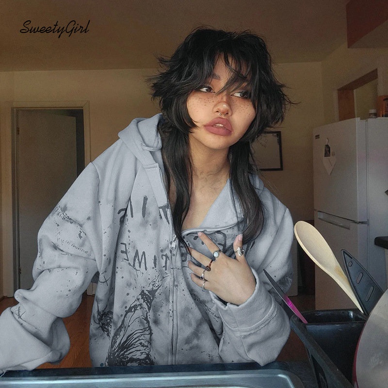 MsMona Áo Hoodie Dáng Rộng Có Khóa Kéo In Chữ Thời Trang Đường Phố 2022 Dành Cho Nữ