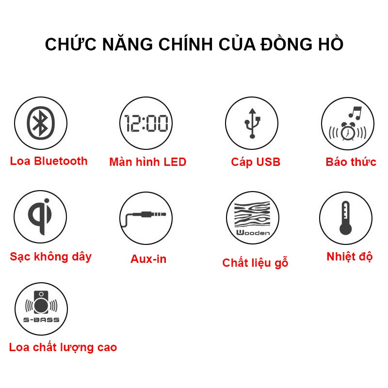 Đồng hồ để bàn đèn Led + loa bluetooth + sạc điện thoại không dây