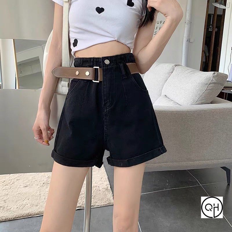 quần short jean lưng cao phối đai da lật gấu hottren