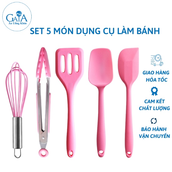 Set dụng cụ làm bánh 5 món màu hồng gồm phới dẹt/ phới thìa/ kẹp gắp/ cây đánh trứng/ sạn lỗ