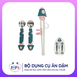 Bộ thìa, dĩa, đũa tập ăn dặm cho bé, đũa xỏ ngón giúp bé tập gắp, hàng cao cấp chất liệu an toàn cho sức khỏe