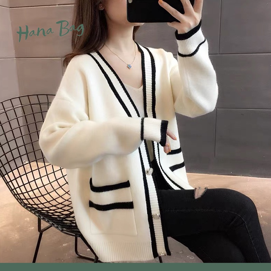 Áo cardigan nữ oversize, áo khoác ngoài loại 1 có viền sọc trắng đen chất liệu len dày đặn | BigBuy360 - bigbuy360.vn