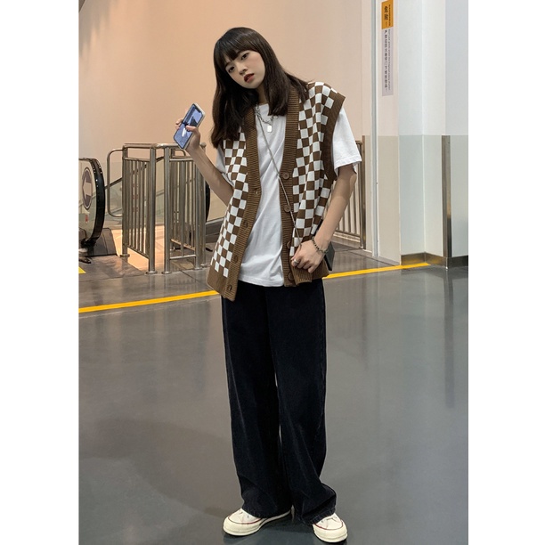 Áo khoác len không tay dáng rộng hoa văn kẻ ô dễ phối đồ thời trang hàn quốc