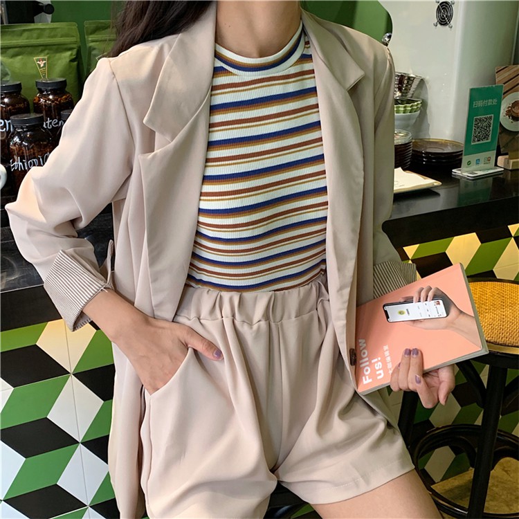 Áo thun dệt kim SUXI dáng ôm tay ngắn họa tiết sọc cầu vồng phong cách Hàn Quốc