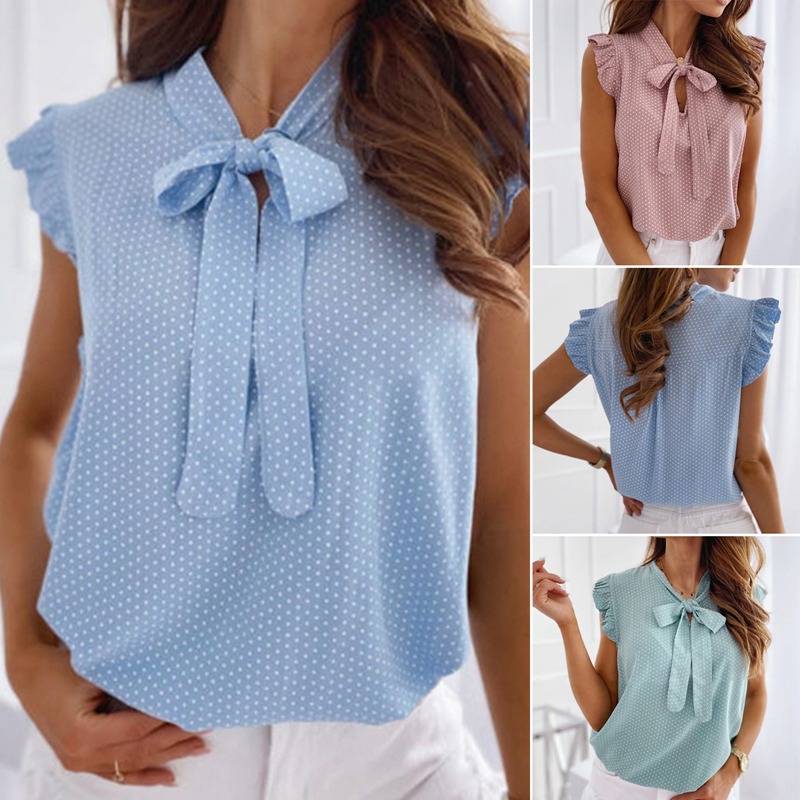 Áo Sơ Mi Chiffon Sát Nách Cổ Chữ V Dáng Rộng Họa Tiết Chấm Bi Thời Trang Mùa Hè Cho Nữ