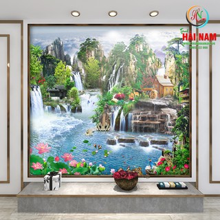 Tranh dán tường  phong thủy  3D   - VẢI LỤA  phủ kim sa (kích thước theo yêu cầu)