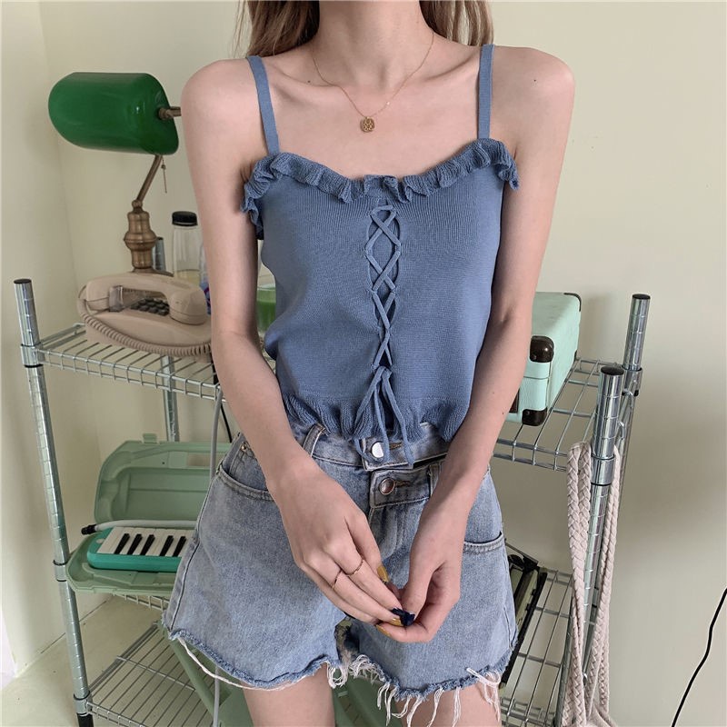 【ZHELIHANGFEI】 Áo Dệt Kim Không Tay Dáng Rộng Cột Dây Trẻ Trung Cá Tính