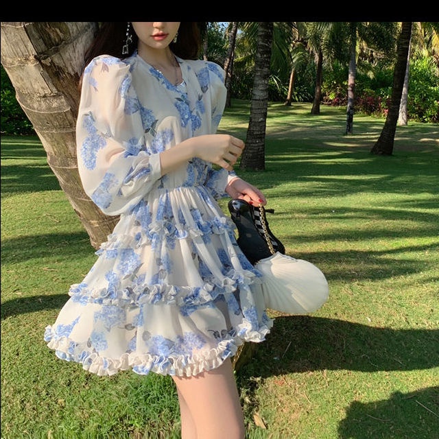 2023 Đầm mini  Voan Ngắn Tay Dài In Họa Tiết Hoa Xanh Dương Thời Trang Mùa Hè Phong Cách Hàn Quốc Cho Nữ