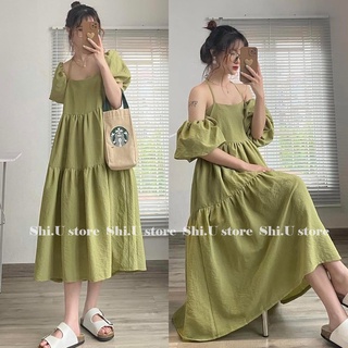  Váy 2 dây babydoll tay bồng rời dáng dài buộc nơ vai mặc được nhiều kiểu 2 lớp 5 màu xinh xắn 