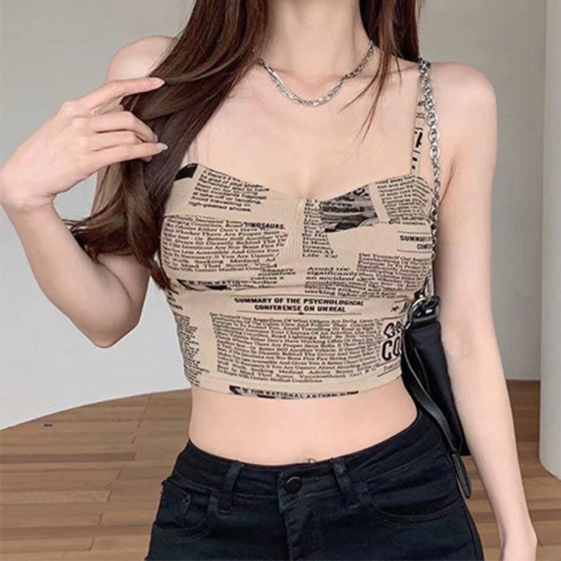 Áo Croptop Hai Dây Cổ Khoét Sâu In Họa Tiết Báo Giấy Phong Cách Harajuku Quyến Rũ Cho Nữ
