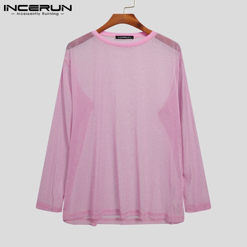 Áo thun INCERUN vải lưới mỏng xuyên thấu tay dài cổ tròn dáng rộng thời trang mùa hè cho nam