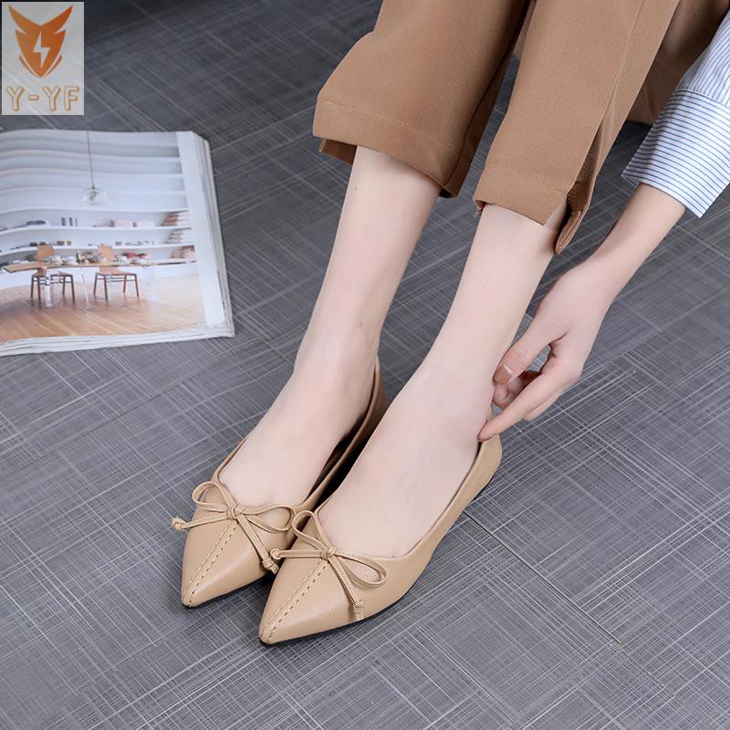 [High quality]2021 spring new sweet bow women's shoes shallow mouth flat shoes ladies black work shoes grandma shoes women