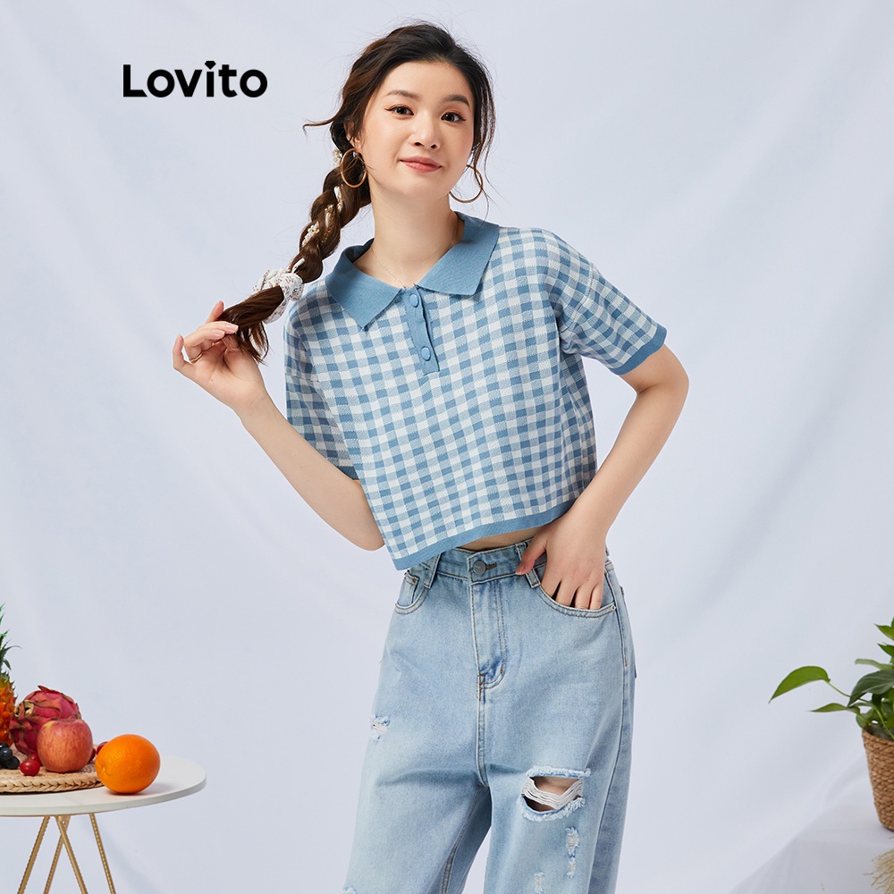 Lovito Preppy Áo thun cổ polo co giãn kẻ sọc màu xanh dương L11017