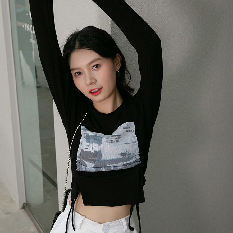 Áo Croptop Tay Dài Thiết Kế Dây Rút Đôi Thời Trang Mới Cho Nữ