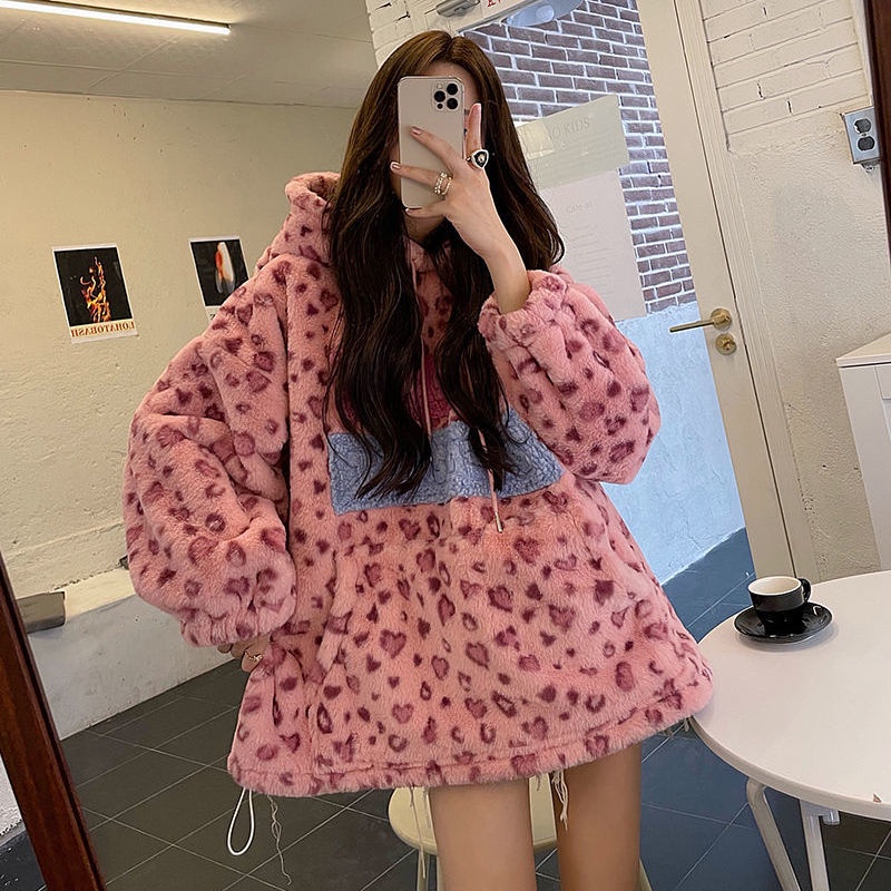 Jiashucheng Áo Hoodie Giả Lông Cừu Dáng Rộng In Họa Tiết Da Báo Kiểu Hàn Quốc Dễ Thương