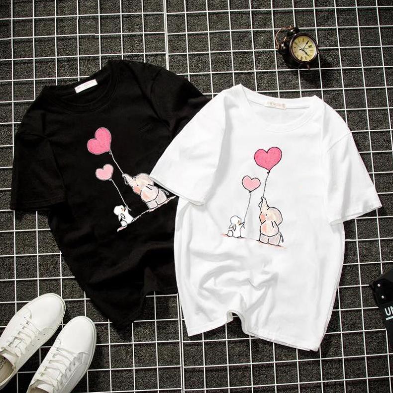 Áo thun unisex form rộng đôi bạn thỏ và voi đáng yêu thời trang cá tính vải dày mịn 2019T1309