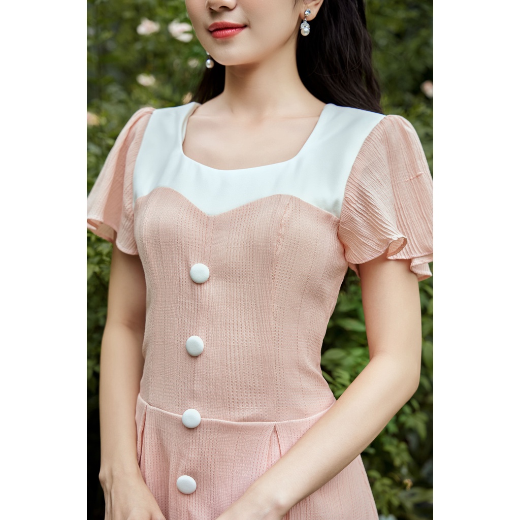 Váy thiết kế cổ vuông tay bồng viền trắng chất xốp YV16 YAME