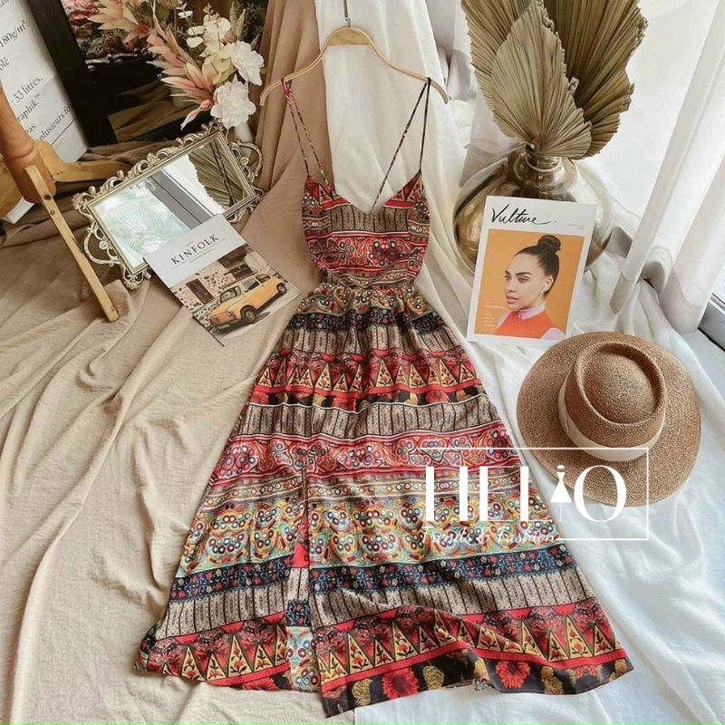 Đầm maxi thổ cẩm _ Họa tiết _ HE079