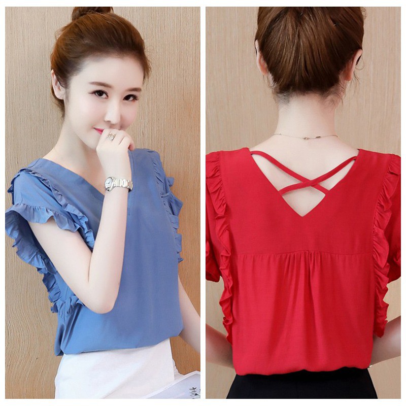 [Baywellfashion]Áo kiểu tay loe phối bèo màu trơn thiết kế cổ chữ V nữ tính | BigBuy360 - bigbuy360.vn