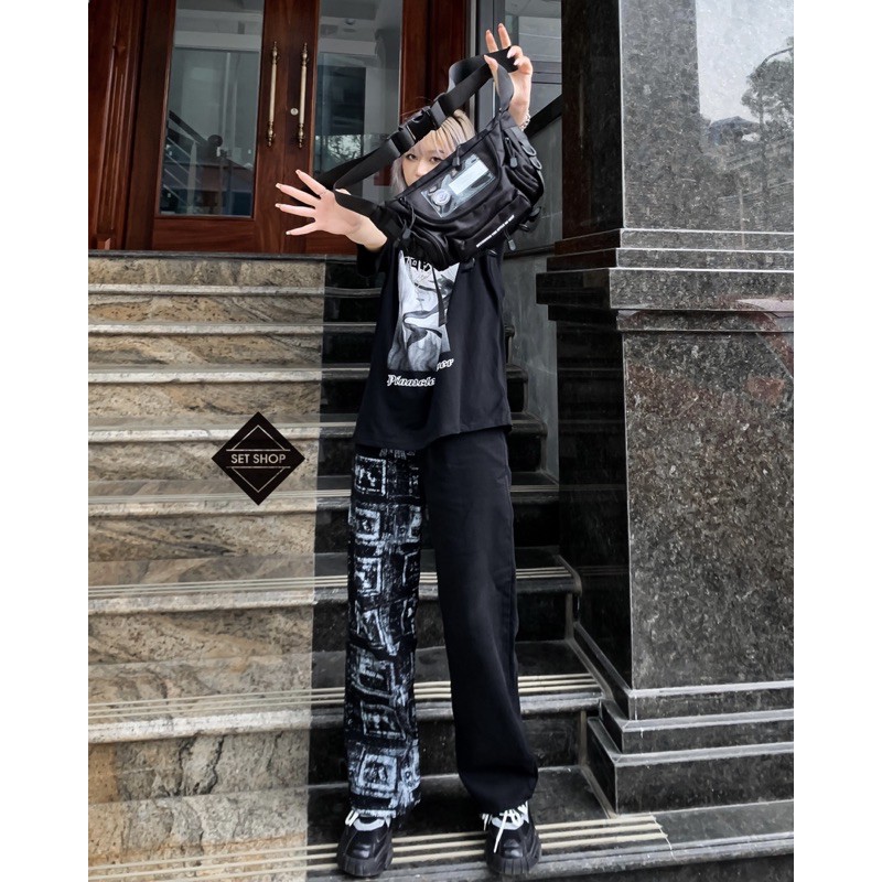 Quần culottes jean nửa đen nửa hoạ tiết