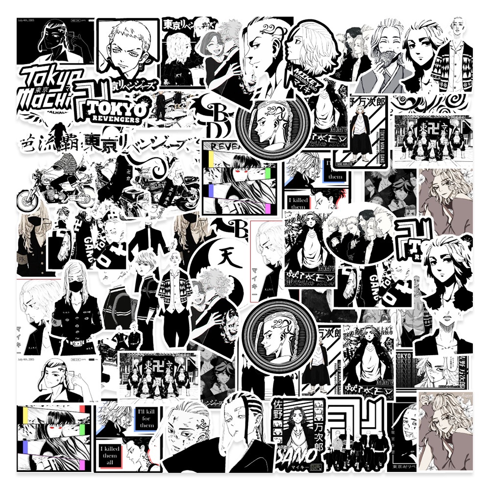 50 sticker cute chống nước dán mũ nón bảo hiểm MẪU Tokyo Avengers đen trắng , vali 50 hình dán graffiti máy tính xách ta