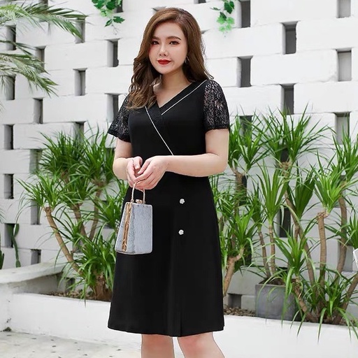 Đầm Váy Đi Tiệc Big Size MAIHOUSE Cổ Chữ V Viền Trắng Tay Phối Ren Chất Thun Màu Đen - D2343