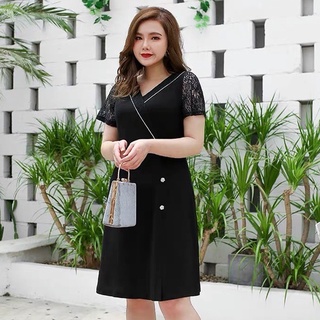 Đầm Váy Đi Tiệc Big Size MAIHOUSE Cổ Chữ V Viền Trắng Tay Phối Ren Chất Thun Màu Đen - D2343
