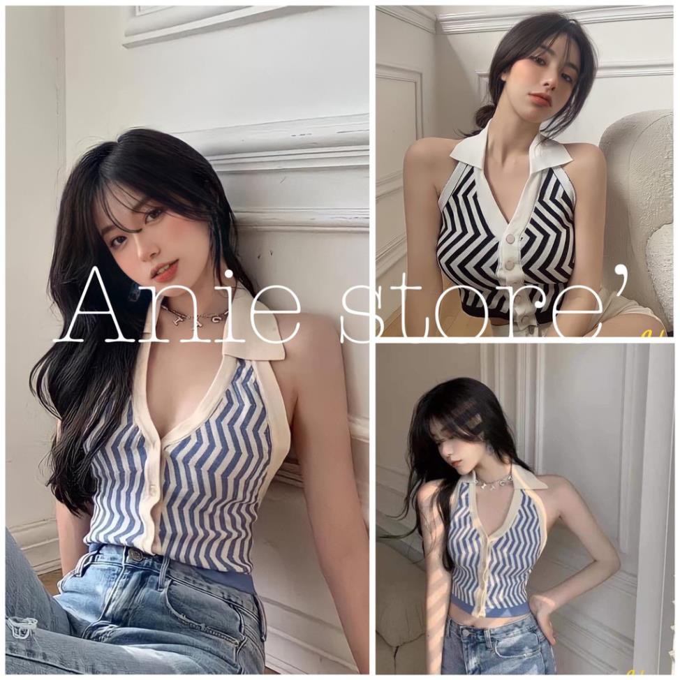 Áo Croptop Nữ Hở Lưng Cổ Bẻ Kẻ Sọc 3 Lỗ Cúc Cài Áo Kiểu Quyến Rũ 3 Màu Kẻ Xanh Kẻ Hồng Kẻ Đen