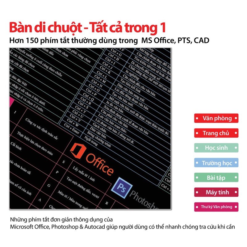 Bàn di chuột, lót chuột, thảm trải bàn, deskpad, mouse pad phím tắt văn phòng size lớn 40x90 bản tiếng việt