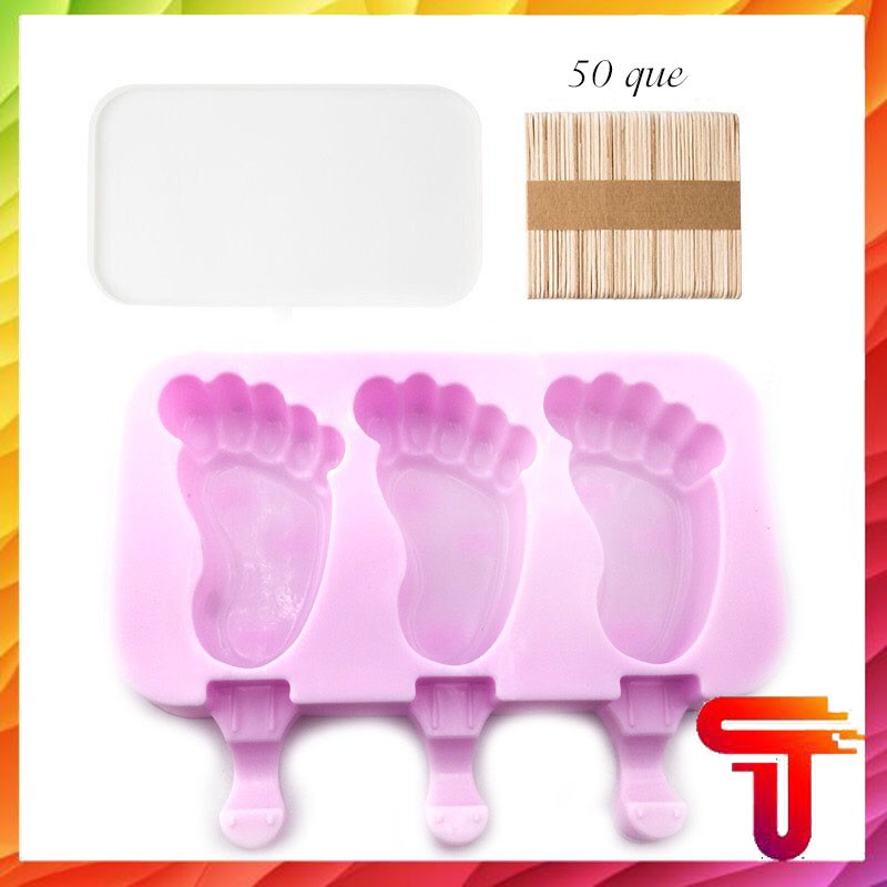 Bộ khuôn làm kem silicon hình bàn chân(03 que)kèm 50 que gỗ và hình chân gấu(2 que)kèm 50 que gỗ